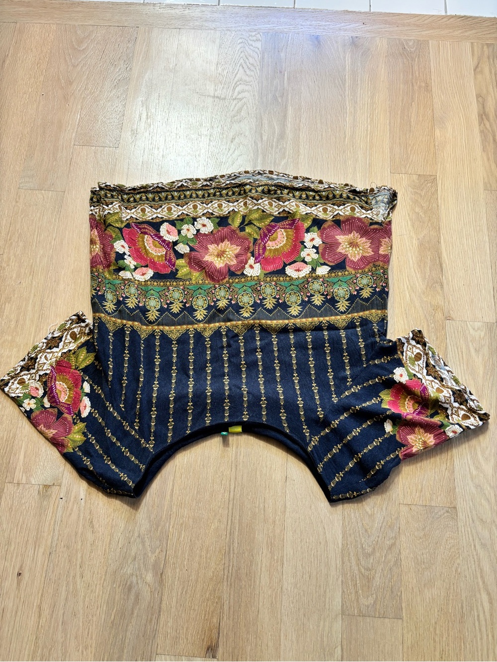 FARM Rio Black Floral Strapless Top with Pink and Green Accents